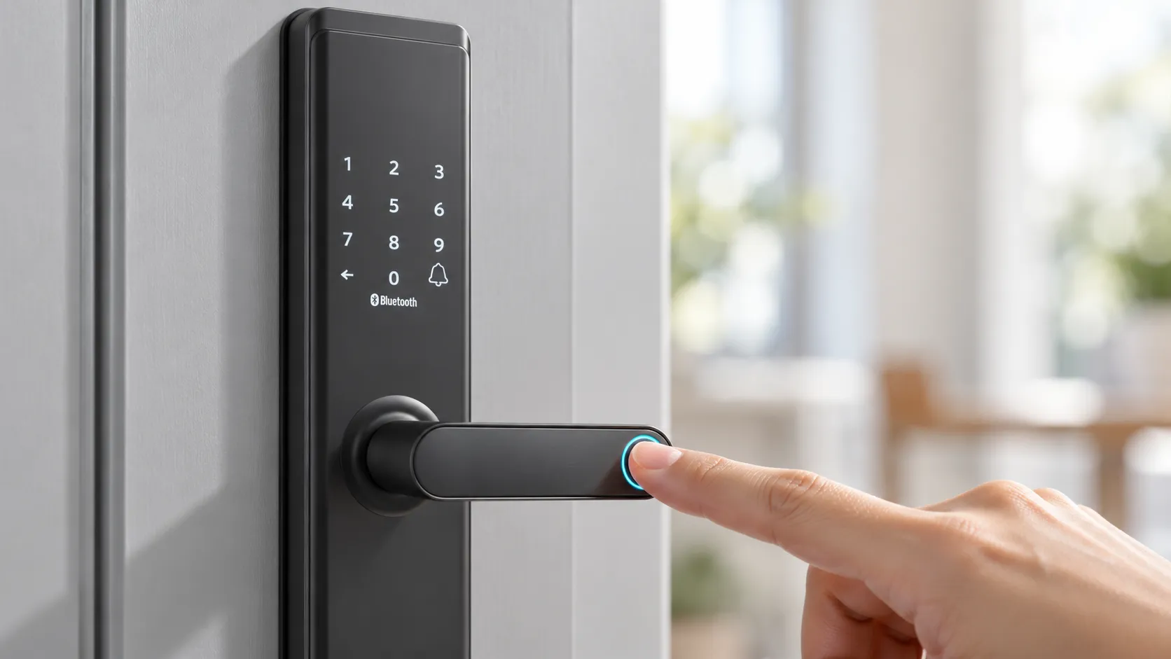 A finger touching the fingerprint reader on a Meloc Lite lock handle