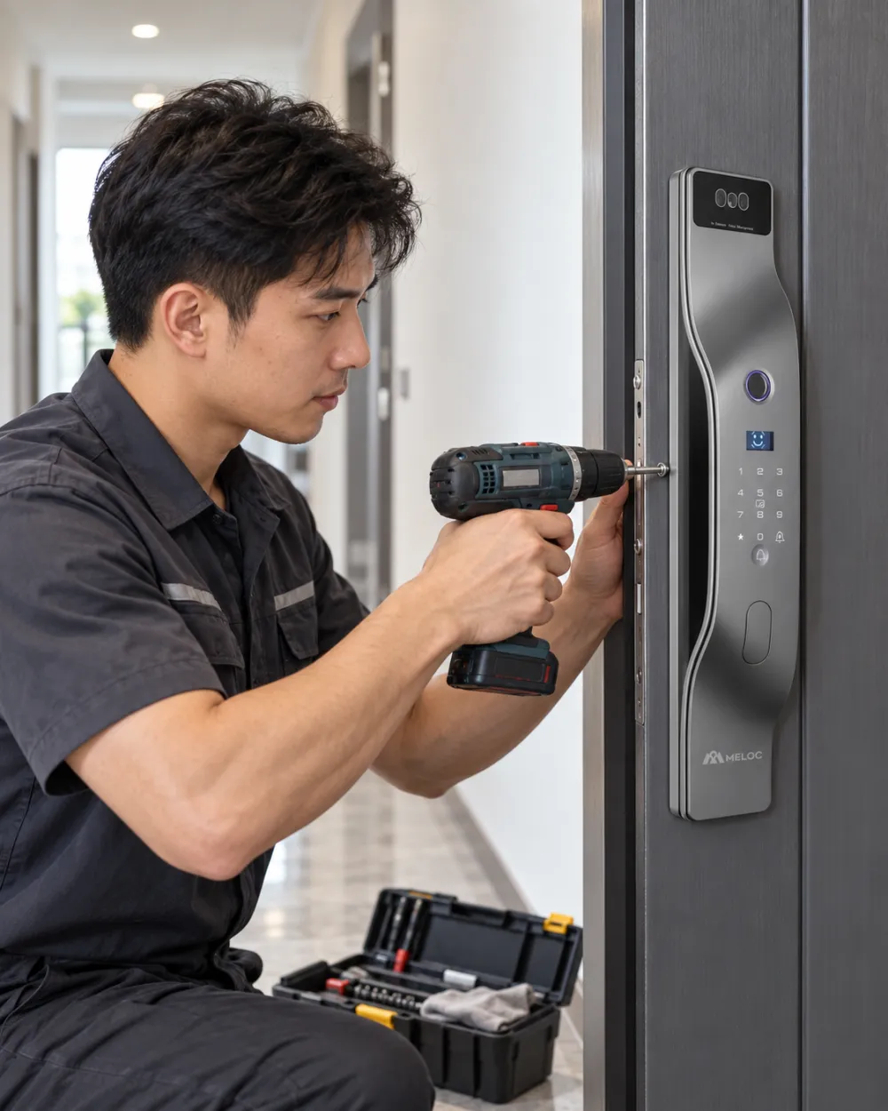 An installer fitting a Meloc Prime C20 lock to an apartment door