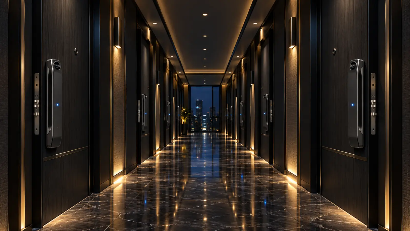 A hotel corridor with Meloc locks on every door